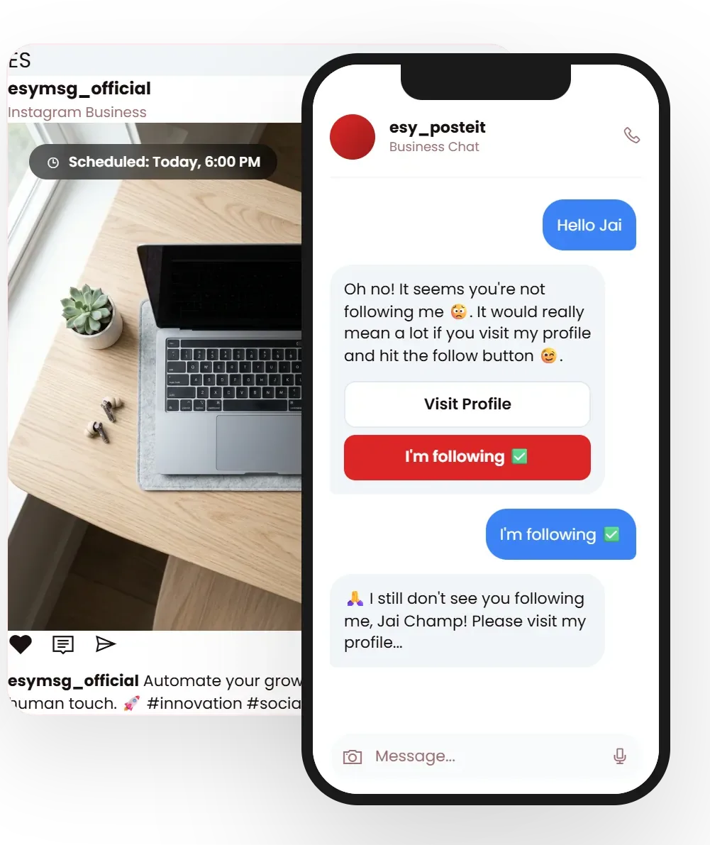 Instagram post beside an automated DM conversation on a phone