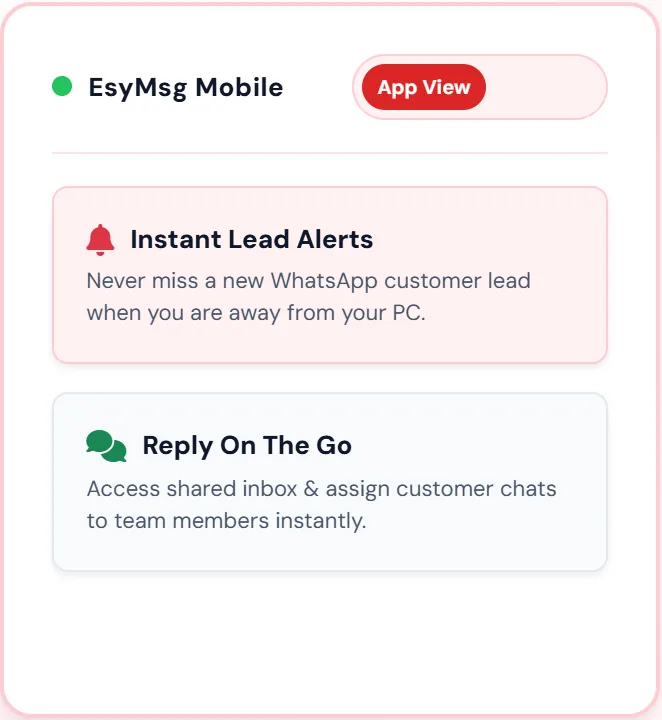 EsyMsg mobile app card with lead alerts and the shared inbox