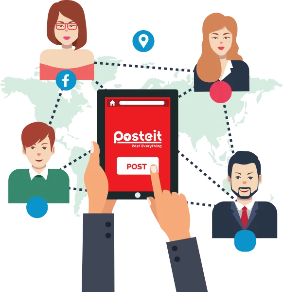 Illustration of a tablet sending posts to people around a map